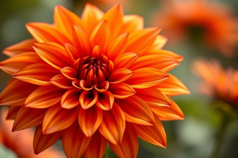 Close-up of a dahlia flower in vibrant orange hues, soft-focus background, natural daylight, macro lens, f/2.8 aperture, 50mm focal length, ISO 100, shot on a DSLR camera with shallow depth of field.