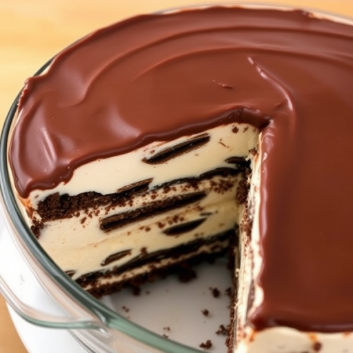 A layered dessert with chocolate ganache on top and visible layers of cream and cookies inside a clear dish, showing a slice cut out to reveal the texture and layers of the dessert.