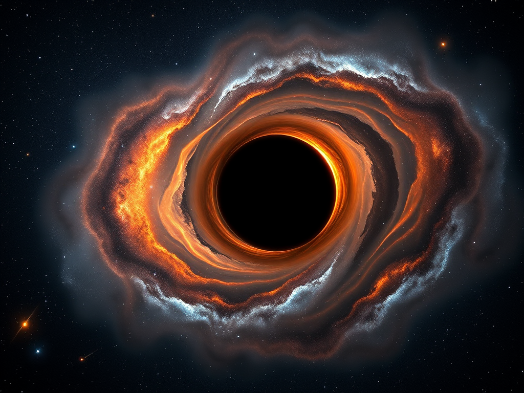 Generate a high-resolution cosmic scene featuring a black hole surrounded by luminous accretion disks and distant galaxies with vibrant colors, using a DSLR camera at ISO 100, f/11, 30 seconds exposure, shot at a wide-angle view with a 24mm lens and high dynamic range imaging.