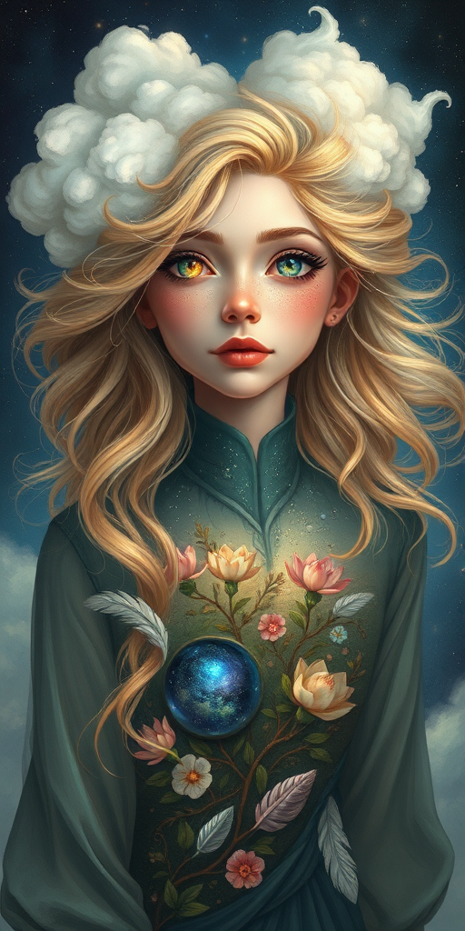 Create a series of imaginative portraits where each subject is infused with elements of fantasy and nature. The hair of the individuals should flow like clouds, varying from soft, fluffy cumulus to wispy cirrus strands, with hints of color reflecting a sunset or a clear blue sky. The eyes should be windows to entire galaxies, with stars, nebulae, and distant planets visible within them. Clothing should be adorned with nature motifs, such as floral patterns that bloom and change, vines that seem to grow and wrap around, or feathers that shimmer with iridescence. Each portrait should capture a unique personality, blending human features with the ethereal beauty of the natural and cosmic world. The backgrounds can vary, from starry night skies to enchanted forests, adding depth and context to the magical realism of the portraits