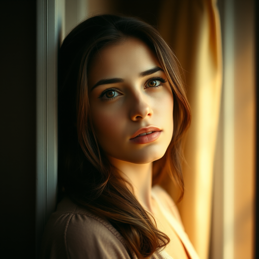 Capture a serene portrait of a thoughtful woman standing by a window, natural light softly illuminating her features, use a 50mm f/1.8 lens, aperture at f/2.8, ISO 200, shutter speed 1/125s, with a shallow depth of field for a blurred background, shot in a warm, vintage style on a full-frame DSLR.