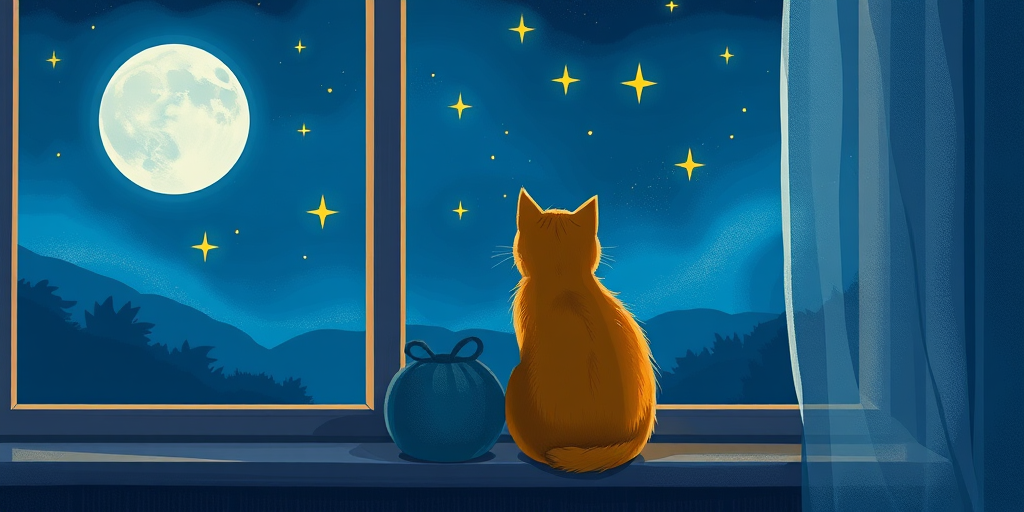 a cozy night scene of a cat sitting on a windowsill looking out at the moon and stars, drawn in a vibrant and whimsical style, high resolution, ISO 100, f/2.8 aperture, 50mm lens, shot from a slightly elevated angle with soft diffused lighting