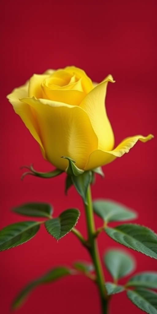 yellow rose on stem with green leaves against a softly blurred red background, shot with a Canon EOS R5 at f/2.8, 50mm lens, ISO 100, natural lighting, shallow depth of field, close-up view