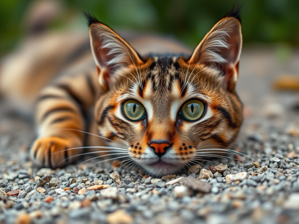 Regenerate the image of a tabby cat lying on gravel with vivid green eyes, using a Canon EOS 5D Mark IV camera, f/2.8 aperture, 1/400 sec shutter speed, ISO 100, taken from a low angle view with a shallow depth of field for enhanced focus on the cat.