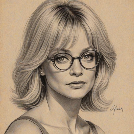Bewitching Goldie Hawn, pencil sketch, portrait of Charming woman 1926s in glasses, hair style beatnik, outline, clear lines, fine lines, 8k