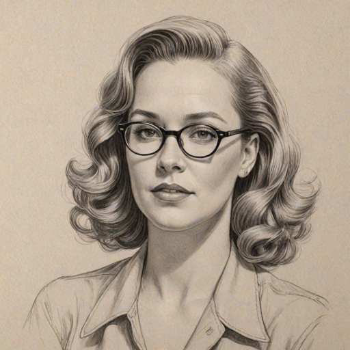 Sublime Rachael Harris, pencil sketch, portrait of Alluring woman 1940s in glasses, hair style beatnik, outline, clear lines, fine lines, 8k