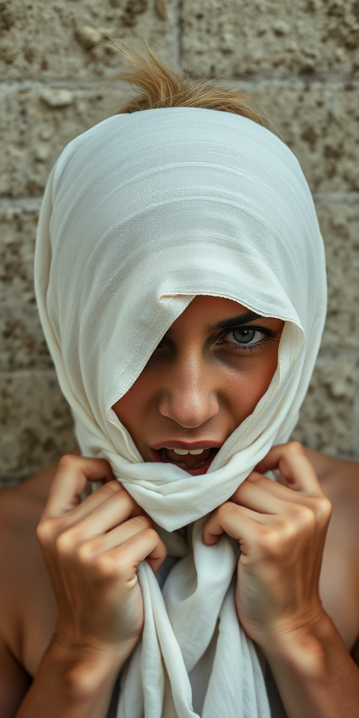 Create a close-up photographic image of a Romani woman with light skin tones shown against an old, worn wall. Their head is wrapped in a white cloth covering (i.e.... parts of the head except the nose and mouth, which are open as if they are screaming...), with a slight texture and visible folds in the fabric. Thin strands of blonde hair escape from the wrapping above, falling lightly at the top and sides. Their hands hold the fabric as if they are tugging nervously. The lighting is dramatic and even, casting strong shadows. The image has a minimalist and surreal style with an emphasis on simplicity with soft color tones. The composition is centered.