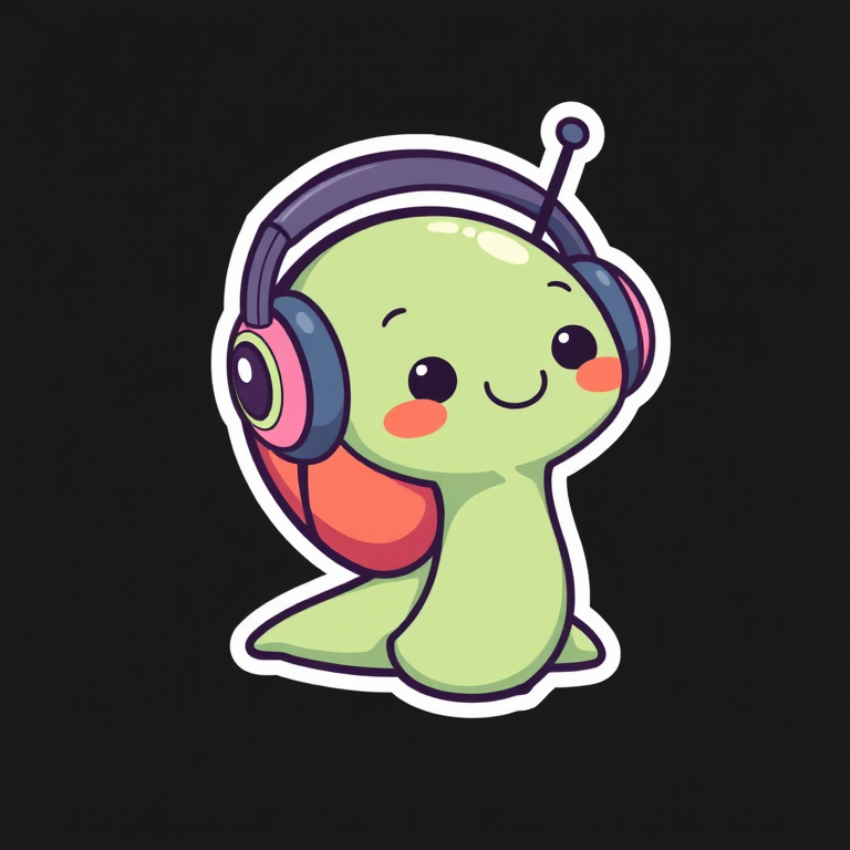 design sticker, Happy Colorful Snail wearing Headphones, kawaii, contour, vector, black background