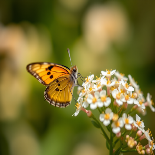 close-up of a butterfly perched on white flowers with blurred background, ISO 100, f/4, 1/200s, 50mm macro lens, natural light, shallow depth of field, DSLR camera