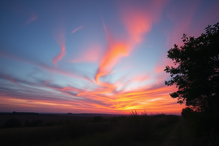 Create a high-resolution image of a serene landscape at sunset with vibrant colors in the sky, using a Canon EOS R5, 50mm lens, aperture f/1.8, ISO 100, shutter speed 1/200s, shot in manual mode from a low angle to capture foreground details.