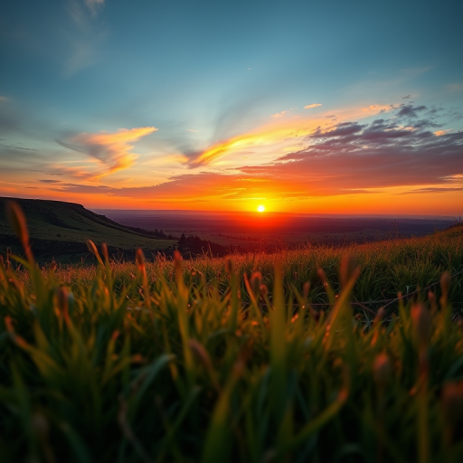 Create a high-resolution image of a vibrant landscape at sunset, ISO 100, f/8 aperture, 1/125 sec shutter speed, wide-angle lens, shot from a low angle to capture foreground details, using a DSLR camera for optimal clarity and depth.