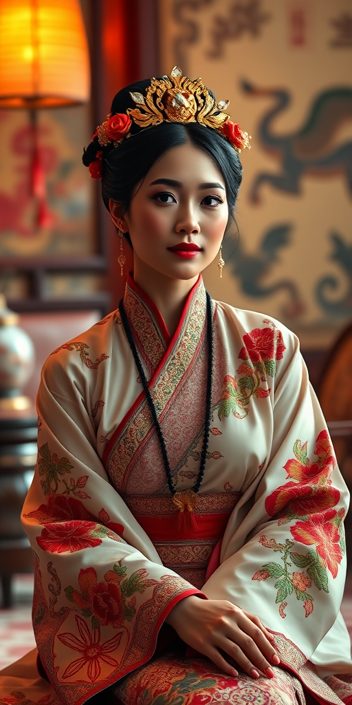 A beautiful Afro-Caribbean woman in traditional East Asian attire, intricately detailed with embroidered patterns, sitting gracefully in a richly decorated room, soft ambient lighting, serene and elegant, ultra-realistic, 8K resolution