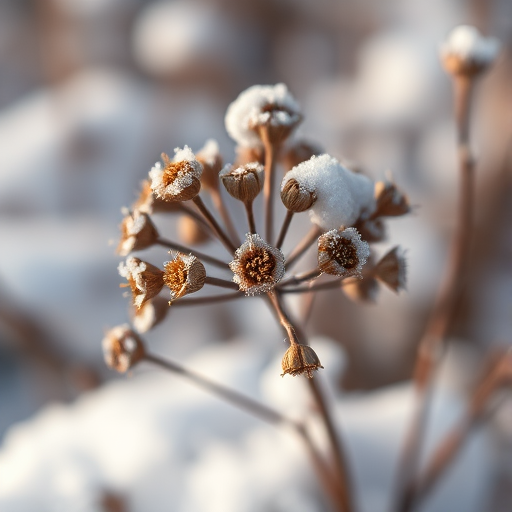 macro shot of a plant covered in snow, focus on the intricate details of dried flowers, soft natural light, aperture f/2.8, shutter speed 1/250s, ISO 100, shallow depth of field, using a DSLR camera with a 100mm macro lens