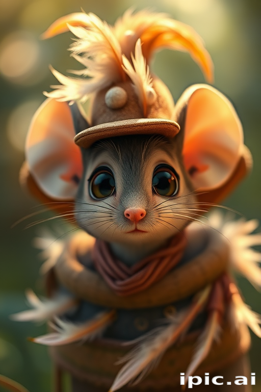 Cute mouse in a hat with big feathers and big eyes, high detail, disney or Pixar style, 4k, cinematic, sharp focus, sunlight, sunbeam, intricate detail, highly detailed, surrealism, dreamlike, Fairytale,