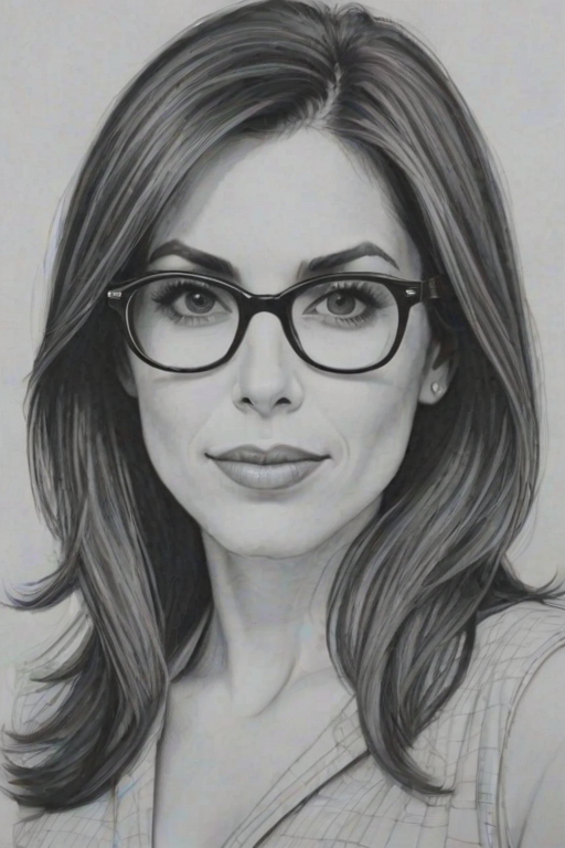Charming Carly Pope, pencil sketch, portrait of Ravishing woman 1966s in glasses, hair style beatnik, outline, clear lines, fine lines, 8k