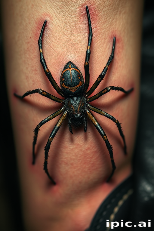 Hyper-realistic 3D spider tattoo creating the illusion of an arachnid crawling on the skin, with meticulous attention to detail in texture, shadows, and highlights for a startling trompe l'oeil effect