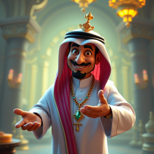 Create a 3D rendering of a wealthy Arab male sheikh from Dubai, inspired by the Disney animation style. The sheikh must have a smile and a playful but wise character. Place your character in an atmosphere of wealth and luxury. The image must be in high resolution format. Dynamic pose above the waist, gesturing with hands (Pixar Art style)++ highly detailed digital painting, art stations, concept art, soft focus, hard focus, illustrations. cinematic, visual effects, HDR, Unreal Engine 5, ray tracing, soft light, 8k, high detail, sparkling backlighting, luxury gem, game art, 3d, cartoon, colorful, magical, mysterious