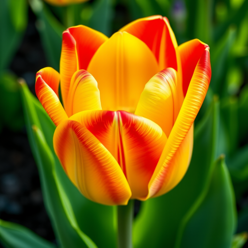 Create a vibrant and detailed illustration of a tulip with a smooth gradient from yellow to red on the petals, complemented by lush green leaves, using a Canon EOS 5D Mark IV, 50mm lens, f/2.8 aperture, 1/200s shutter speed, and natural lighting for enhanced image quality.
