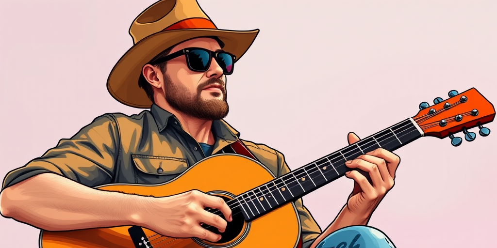 Create an illustration of a man playing acoustic guitar, wearing sunglasses and a fedora hat with an orange band, in a vibrant style, using a high-resolution digital camera setup with a focal length of 50mm, aperture set at f/2.8, ISO 100, shot from a low angle for a dynamic perspective, emphasizing rich colors and bold outlines to enhance the image quality.