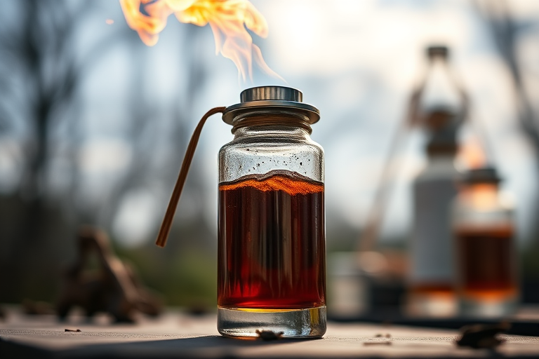 Create a high-resolution image of a Molotov cocktail, captured with a DSLR camera, 85mm lens, f/1.8 aperture, ISO 200, 1/250 sec shutter speed, taken from a low-angle view to emphasize detail and depth, with natural lighting for enhanced clarity and vibrancy.