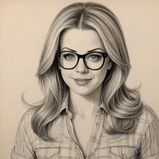 Charming Melissa Joan Hart, pencil sketch, portrait of Lovely woman 1969s in glasses, hair style beatnik, outline, clear lines, fine lines, 8k