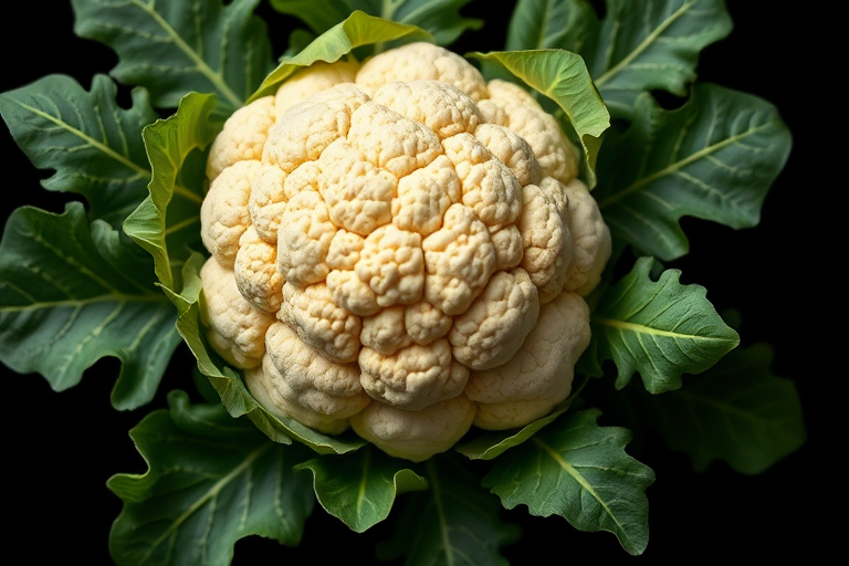 Create a stylized illustration of a cauliflower surrounded by green leaves on a black background, use a Canon EOS R5 camera with a 50mm lens, f/1.8 aperture, ISO 100, shoot from a top-down angle for enhanced detail and contrast.