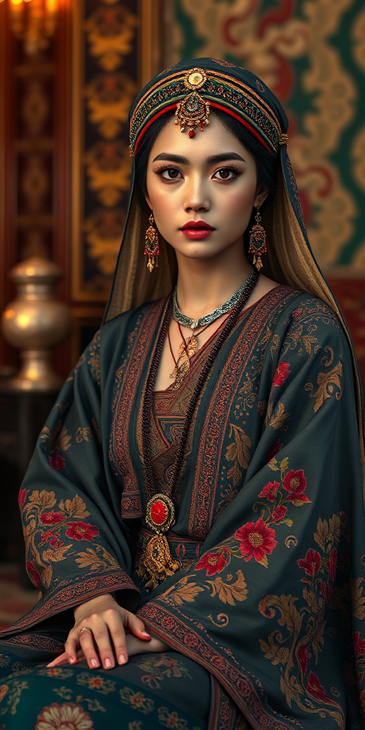 A beautiful Tuareg woman in traditional East Asian attire, intricately detailed with embroidered patterns, sitting gracefully in a richly decorated room, soft ambient lighting, serene and elegant, ultra-realistic, 8K resolution