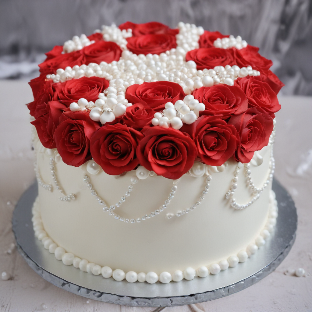 a delicious looking, artful red roses cake with pearls and diamonds