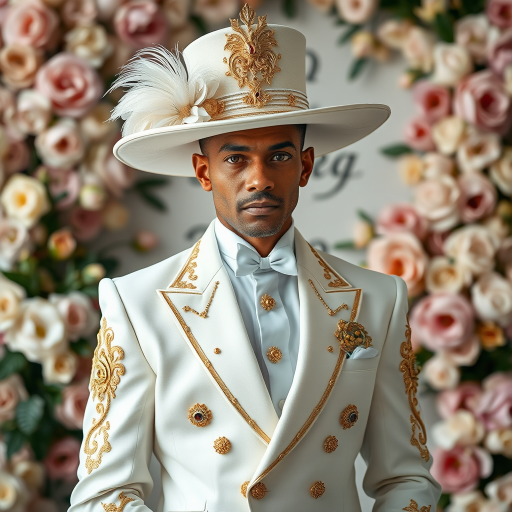 Regenerate a highly detailed portrait of an ornate character in a white suit with gold embellishments and a wide-brimmed hat, standing in front of a floral backdrop, using a DSLR camera, 50mm lens, f/1.8 aperture, ISO 100, soft natural lighting, and a shallow depth of field for enhanced focus on the subject.
