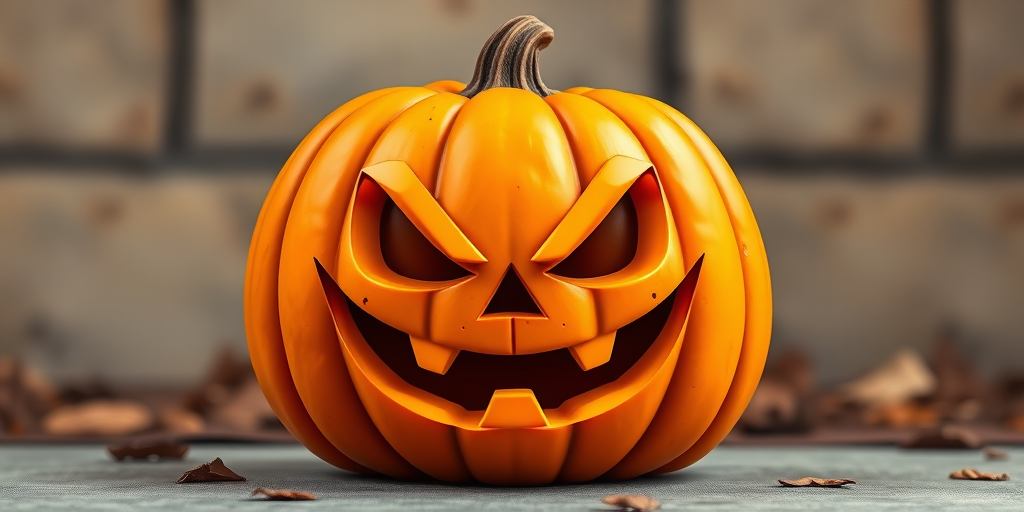 Create a high-quality cartoon-style image of a carved pumpkin with a mischievous smile, front view, 50mm lens, f/2.8 aperture, ISO 100, natural lighting.