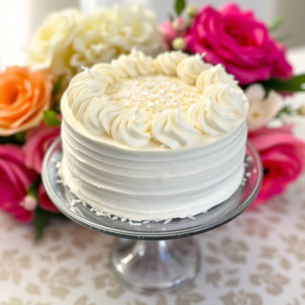 A beautifully decorated white cake topped with swirls of whipped cream and sprinkled with coconut flakes on a cake stand with a soft blurred background of flowers and a patterned tablecloth.