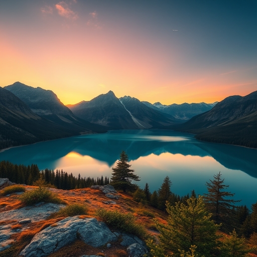 Create a high-quality image of a serene landscape featuring a calm lake surrounded by mountains during sunset, focusing on vibrant colors; use a DSLR camera, aperture f/8, ISO 100, shutter speed 1/125s, shot from a wide-angle view at eye level to capture details and depth.
