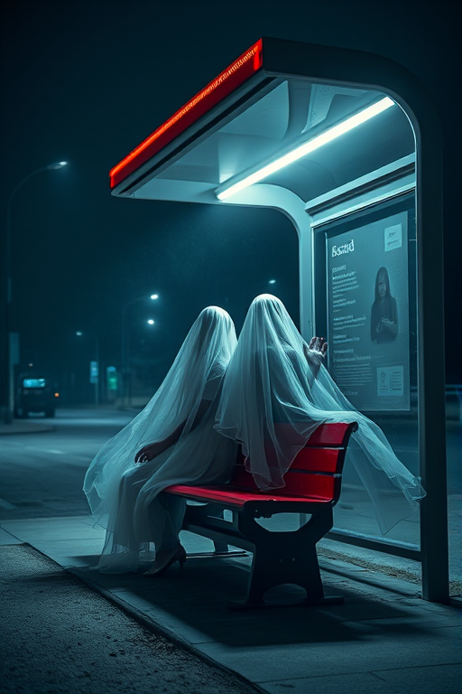 Capture a nighttime scene of two ethereal figures in flowing white veils sitting on a red bench at a deserted bus stop, surrounded by a misty atmosphere, using a Canon EOS R5 with a 50mm f/1.2 lens, ISO 800, aperture f/1.2, shutter speed 1/60 sec, shot from a low angle to emphasize the figures and the eerie ambiance.