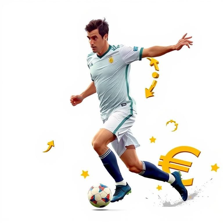 Create a digital illustration of a soccer player in motion with a dynamic pose, featuring stylized golden euro symbols trailing behind, set against a bright white background, using a wide-angle lens, f/2.8 aperture, 1/500s shutter speed, with a high-resolution digital art technique.