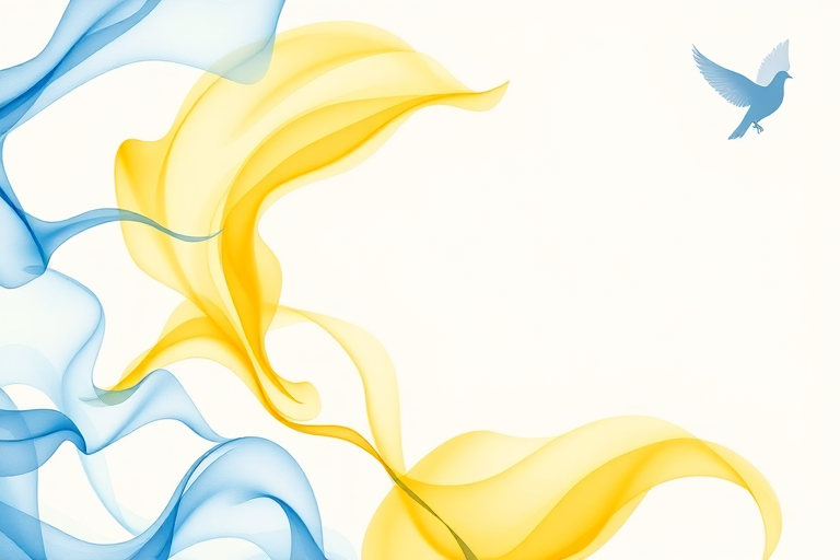 Create an abstract image with flowing blue and yellow shapes on a white background, featuring a subtle dove silhouette in the top right corner, captured with a DSLR camera at f/8, ISO 200, 24mm lens, top-down view, soft focus style for enhanced quality.