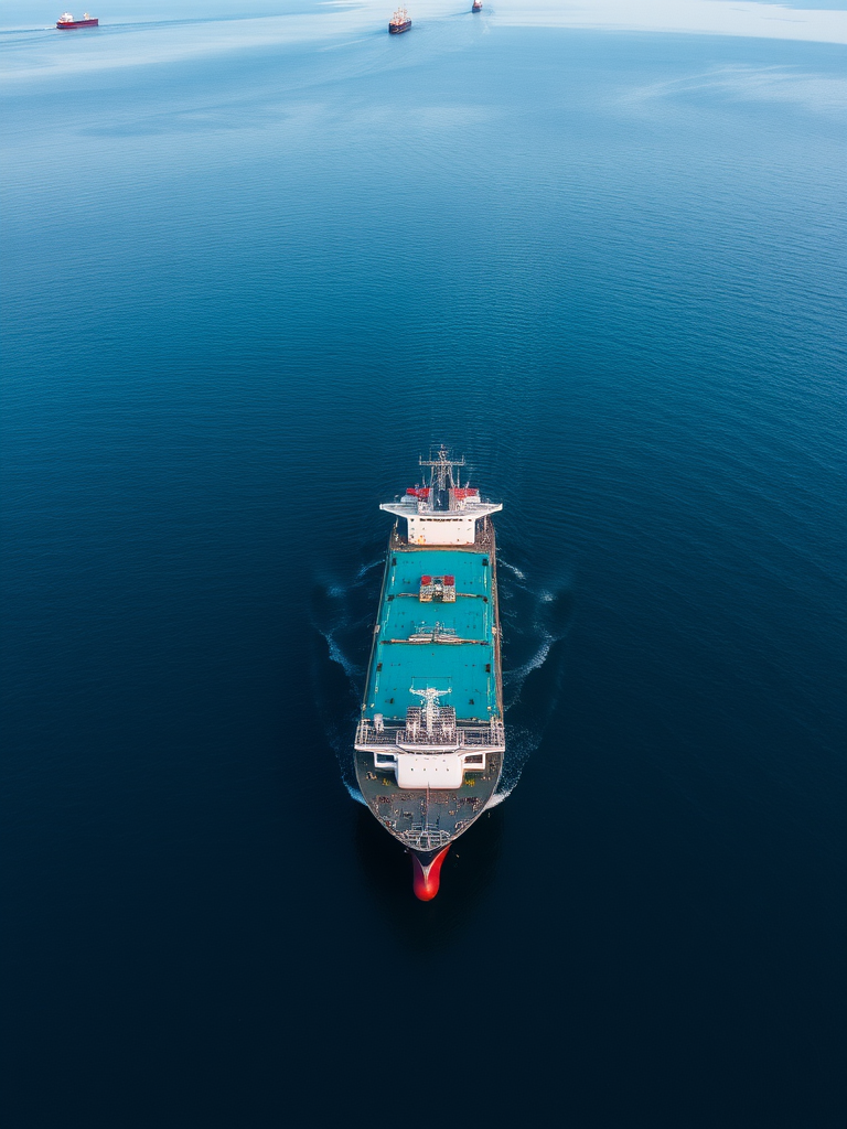 aerial view of a large cargo ship anchored in calm blue waters, with distant ships on the horizon, shot with a DJI Mavic 2 Pro, aperture f/4, ISO 100, shutter speed 1/500s, early morning light for enhanced clarity and color vibrancy