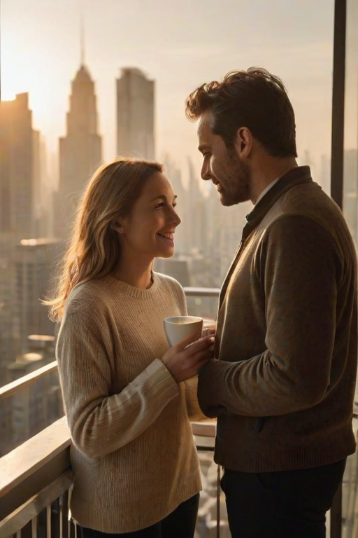 Warmly lit, intimate photo of a couple sharing a cup of coffee on a balcony at sunrise, soft golden light streaming over the cityscape below, with distant skyscrapers barely visible through the morning mist.
