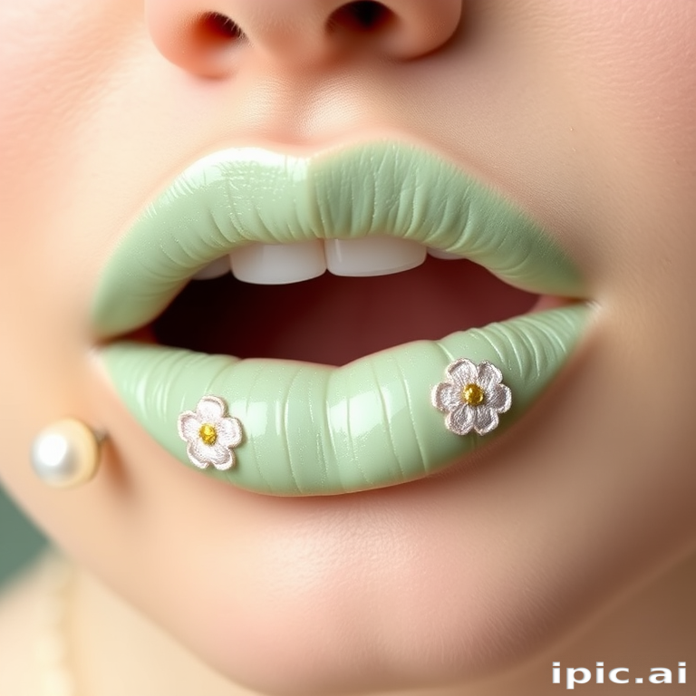 Soft mint green lips with delicate floral embroidery designs, named "Spring Whisper," feature a velvety texture and subtle pearl sheen for garden-inspired tea parties and bridal showers