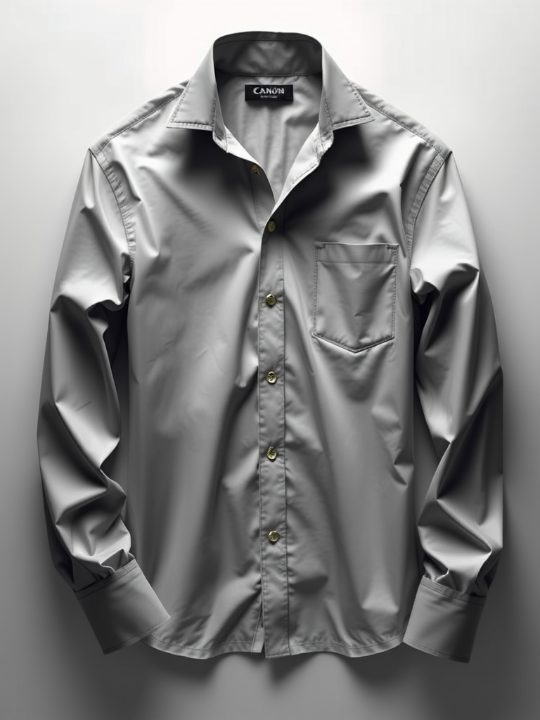 Create a vector illustration of a long-sleeve shirt with a collar, using a high-resolution setting of 300 DPI, captured with a Canon EOS R5 at f/5.6, ISO 100, with a soft diffused lighting setup and a slight top-down angle for an artistic view.