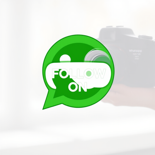 Create an image featuring a green WhatsApp logo with a speech bubble and the text "FOLLOW ON," using a DSLR camera at f/2.8 aperture, 50mm focal length, ISO 200, and shot in a bright, natural light setting.