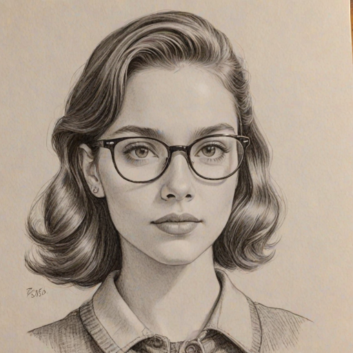Dazzling Cailee Spaeny, pencil sketch, portrait of Sublime woman 1956s in glasses, hair style beatnik, outline, clear lines, fine lines, 8k