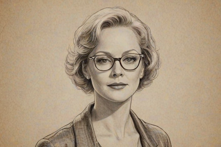 Resplendent Jean Smart, pencil sketch, portrait of Alluring woman 1929s in glasses, hair style beatnik, outline, clear lines, fine lines, 8k