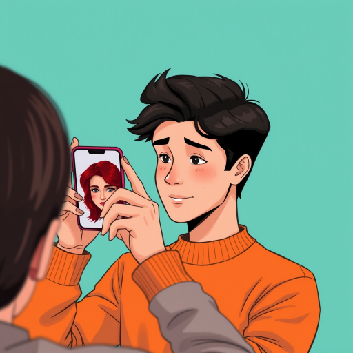 Create an illustration of a young man with dark hair, wearing an orange sweater, looking at a smartphone displaying a woman with red hair, against a solid teal background, captured with a 50mm lens at f/1.8, 1/100s shutter speed, in natural light, using a digital camera for high-quality output.