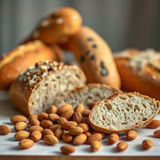 high-quality still life of assorted bread loaves and almonds arranged artistically, soft natural lighting, shallow depth of field, taken with a DSLR camera, 50mm lens, f/2.8 aperture, ISO 100, 1/125s shutter speed