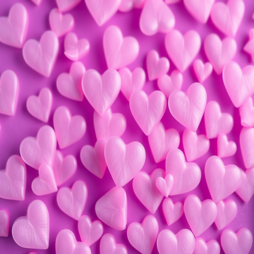 Create a vibrant purple background filled with soft, translucent hearts in various shades of pink and lavender, taken with a DSLR camera at f/2.8, ISO 100, with a shallow depth of field, using a macro lens for enhanced detail and clarity, top-down view.