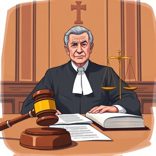 Create an illustration of a judge in a courtroom setting, featuring a gavel and legal documents on the table, with a pair of scales of justice in the background, use a DSLR camera with a 50mm lens at f/1.8 for softness in the background, shoot from a slightly elevated angle for a dynamic view, use natural lighting to enhance shadows and highlights.