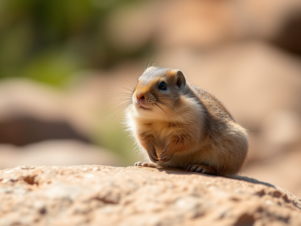 A close-up shot of a cute, fluffy rodent sitting on a large rock, natural setting, bright sunlight, shallow depth of field, 50mm lens, aperture f/2.8, ISO 100, shutter speed 1/200 sec, DSLR camera, soft focus background for enhanced image quality.