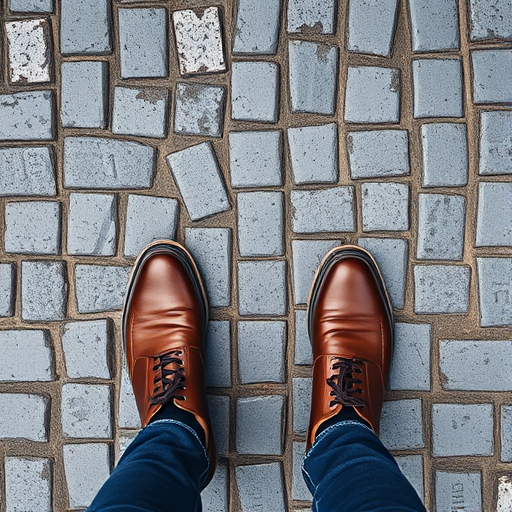 Aerial view of polished brown shoes on a cobblestone path with the word "START" written in large, faded letters on the stones, using a DSLR camera with a 50mm lens at f/2.8 aperture, ISO 100, and 1/250 sec shutter speed to enhance clarity and depth of field.