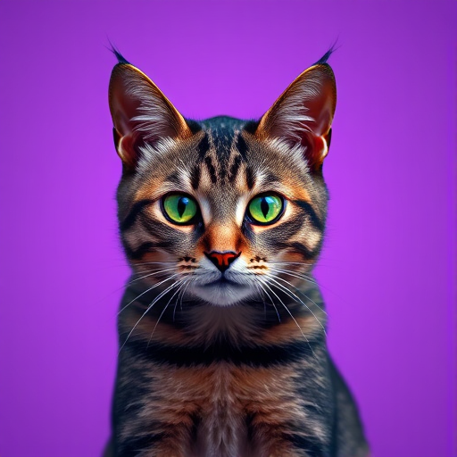 Create an image of a stylized tabby cat with striking green eyes, set against a soft gradient purple background, with high contrast and sharp geometric shapes, using a DSLR camera with an aperture of f/2.8, shutter speed of 1/250s, and ISO 100 for crisp detail and vibrant colors.