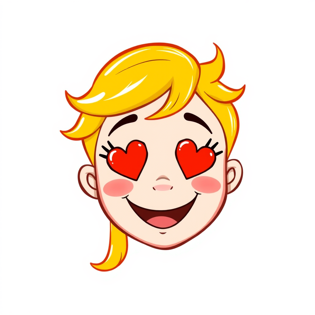 Create a bright, cheerful illustration of a cartoon face with golden blonde hair, heart-shaped red eyes, and a big smile, using a digital drawing tablet, in high resolution, with a soft-focus effect, capturing a playful and friendly vibe.